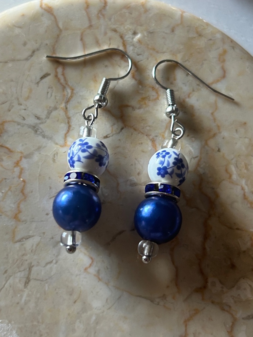 Blue Ceramic Floral and Pearl Drop Earrings